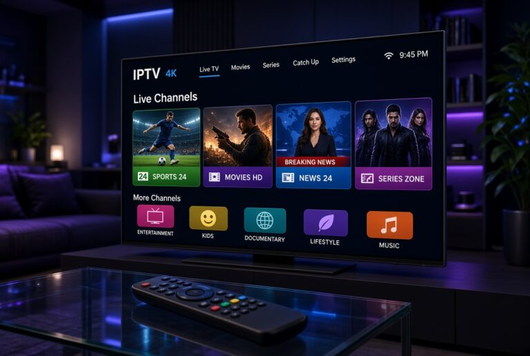 Modern smart TV displaying IPTV 4K interface with live channels including sports, movies, news and series in a dark living room with remote control.