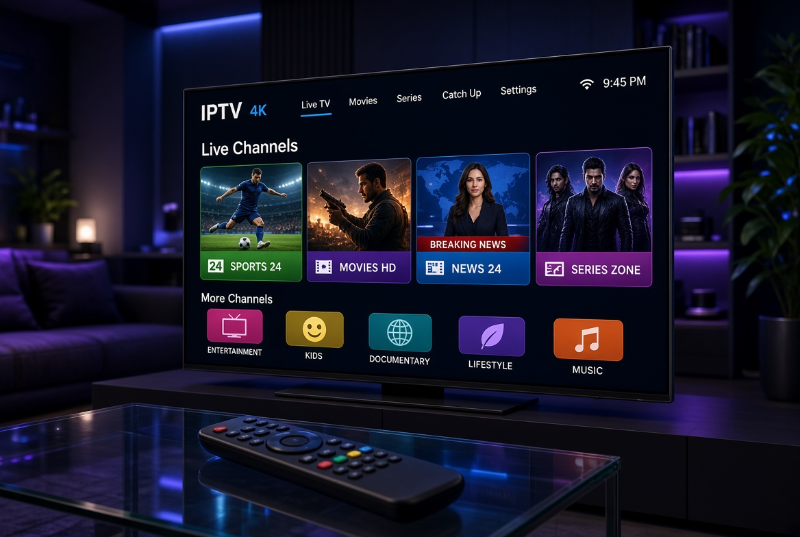 Modern smart TV displaying IPTV 4K interface with live channels including sports, movies, news and series in a dark living room with remote control.