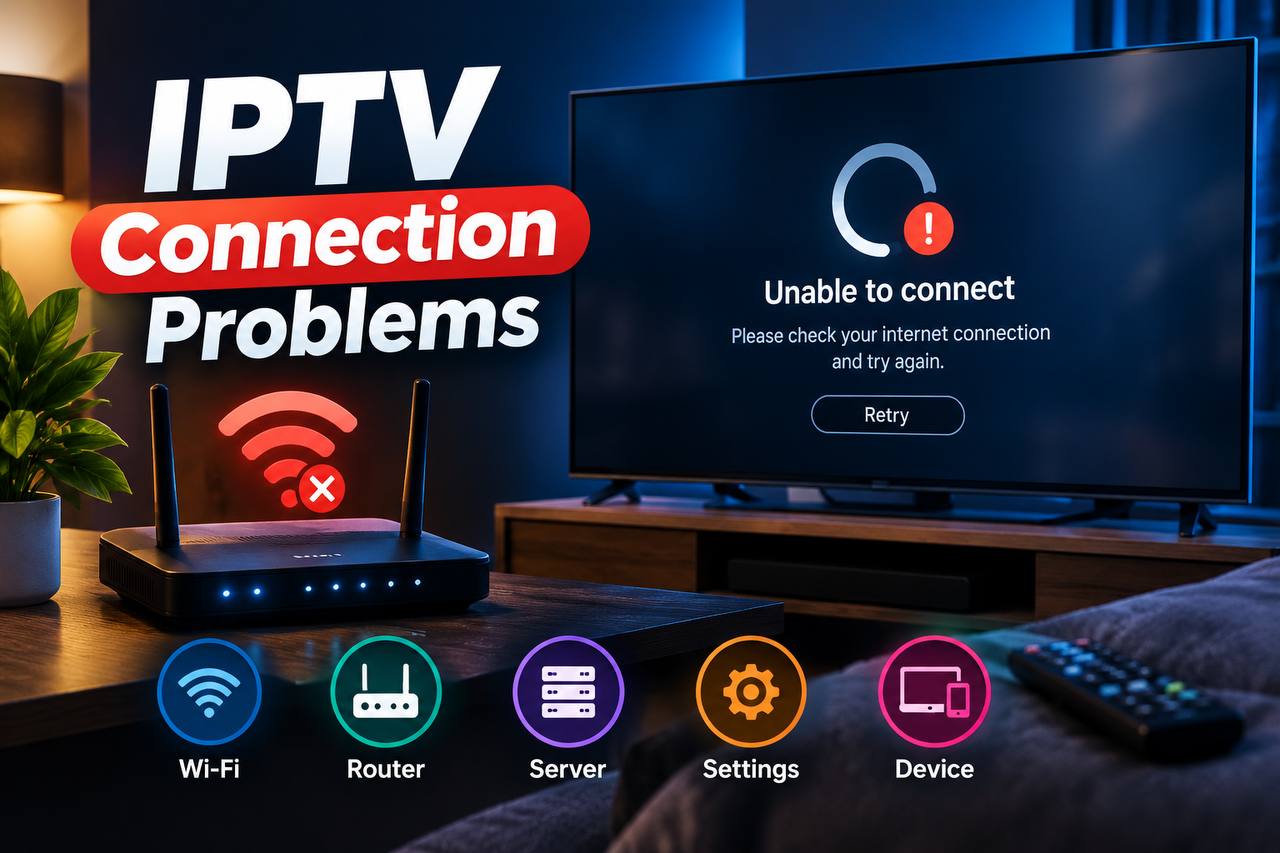 IPTV connection problems with Smart TV showing connection error and WiFi router troubleshooting.