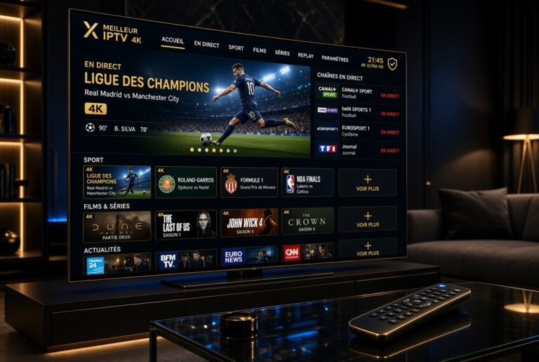 Interface Meilleur IPTV 4K premium sur smart TV moderne affichant un match en direct de la Ligue des Champions et des chaînes sportives dans un salon luxueux sombre.