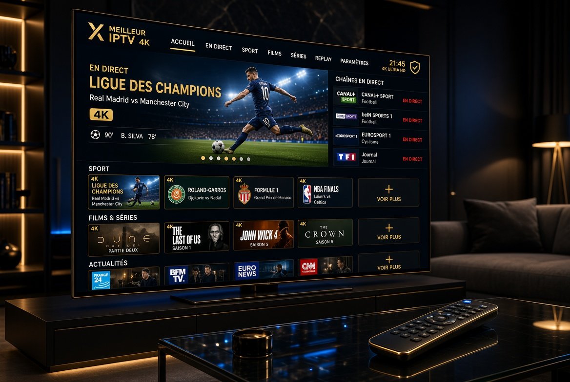 Interface Meilleur IPTV 4K premium sur smart TV moderne affichant un match en direct de la Ligue des Champions et des chaînes sportives dans un salon luxueux sombre.