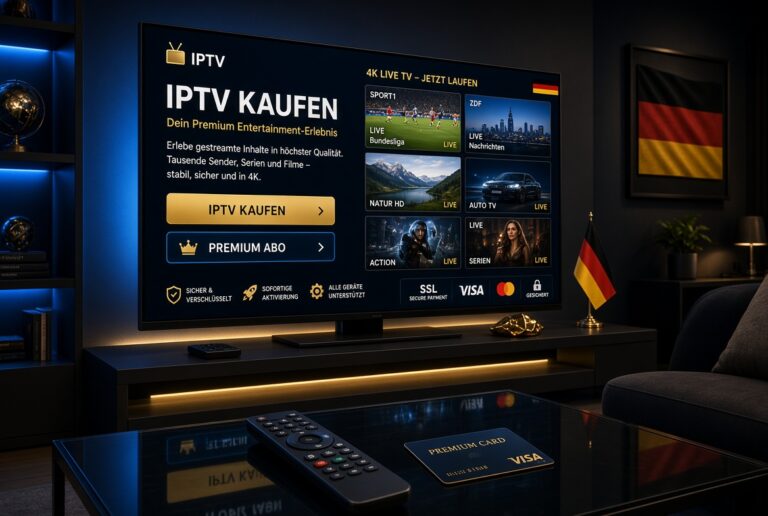 Premium IPTV Kaufen Interface auf modernem Smart-TV mit Live-Kanälen, Premium-Abo und sicherer Zahlung in einem luxuriösen deutschen Wohnzimmer.
