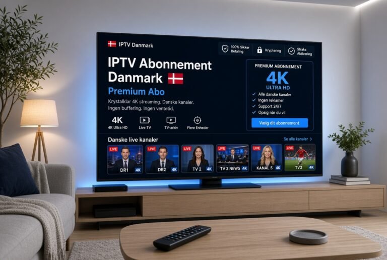 Premium IPTV Abonnement Danmark interface på moderne smart-TV med danske live-kanaler, 8K kvalitet og sikker betaling i et luksuriøst nordisk stue.