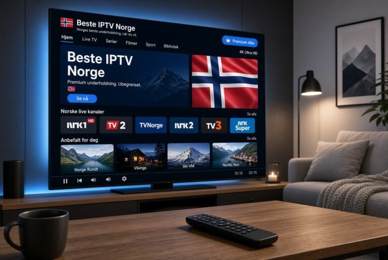 Beste IPTV Norge Premium interface på moderne smart-TV med norske live-kanaler, 4K kvalitet og norsk flagg i et luksuriøst nordisk stue.