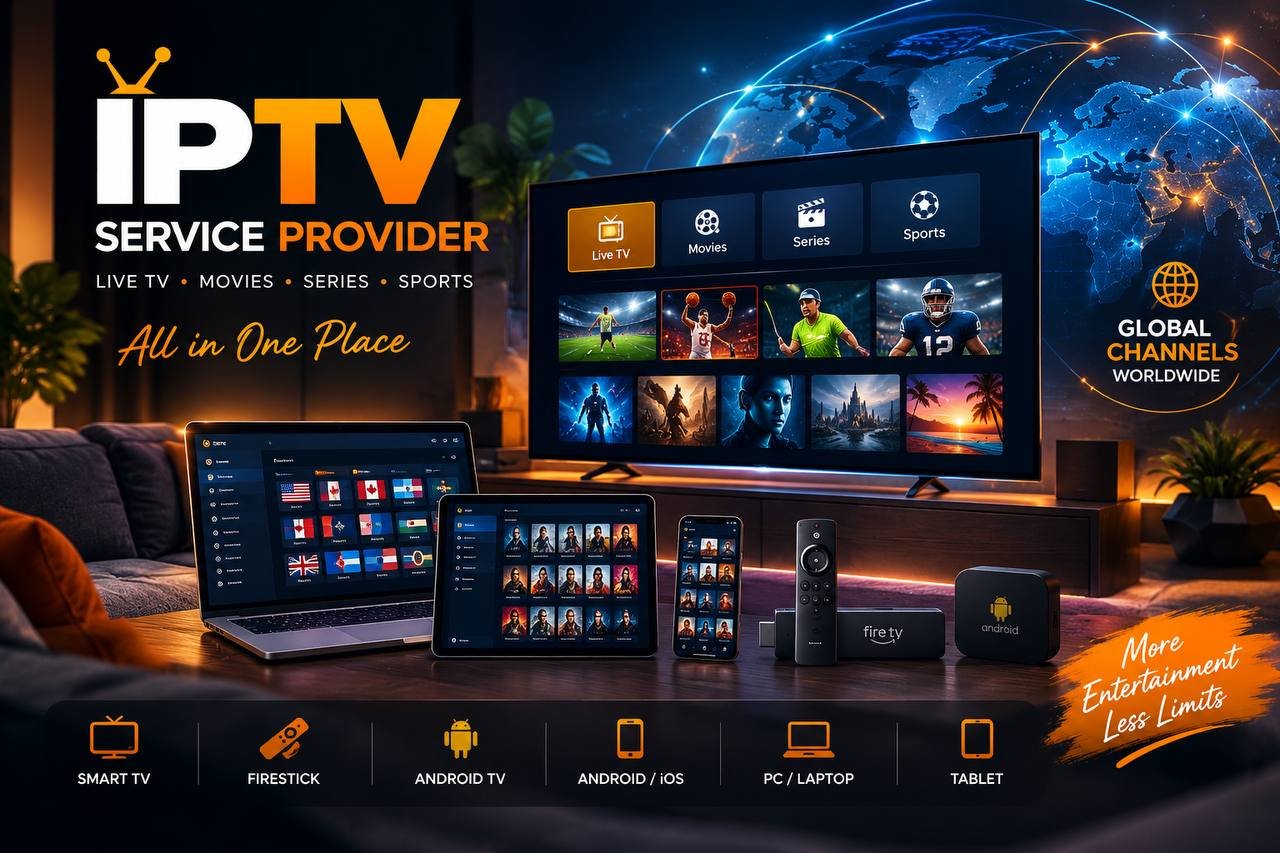 IPTV service provider for live TV, movies, series and sports on multiple devices.