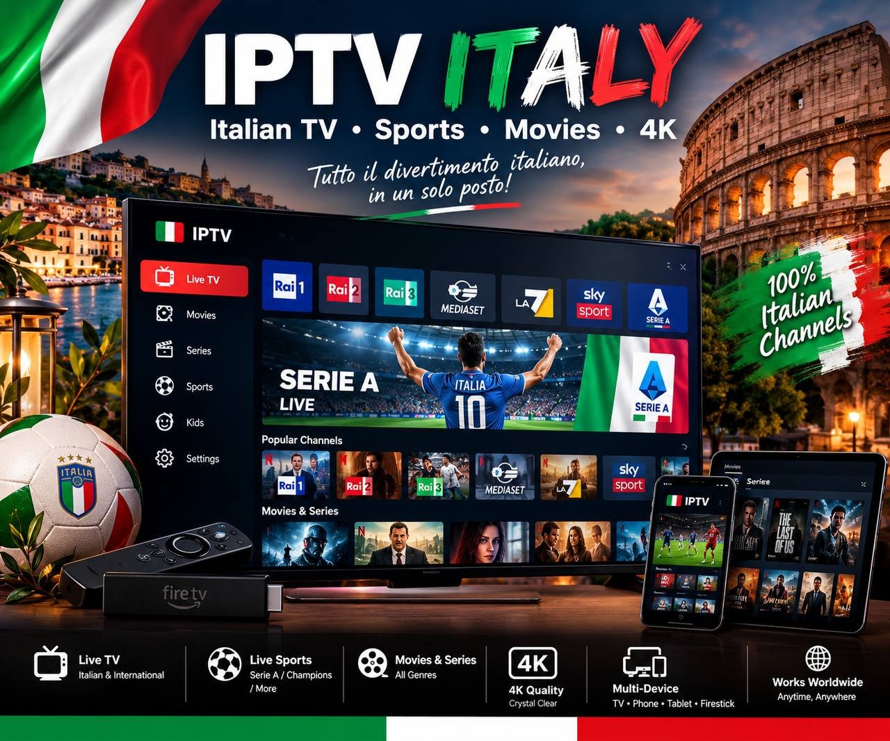 IPTV Italia: canali italiani, sport live, film e serie TV in 4K, disponibile su Smart TV e su più dispositivi.