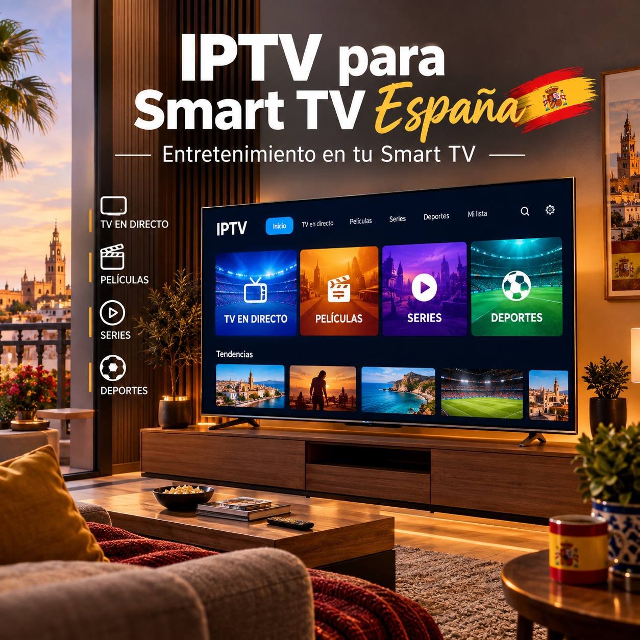 IPTV para Smart TV España para ver canales de TV en directo, películas, series y deportes online.