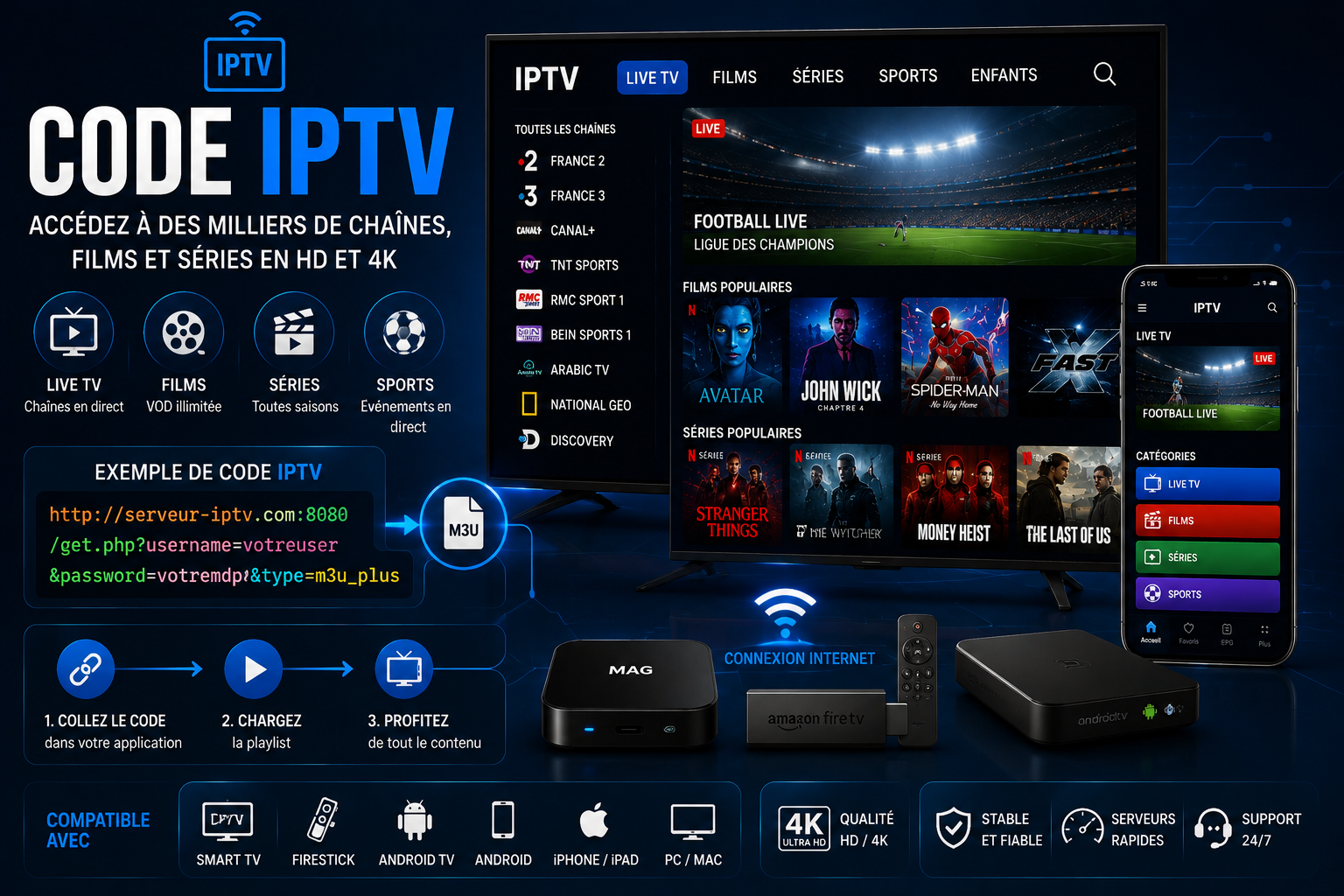 Code IPTV : exemple de configuration IPTV avec playlist M3U, chaînes TV en direct, films, séries et sports, compatible avec Smart TV, Firestick, Android, iPhone et PC