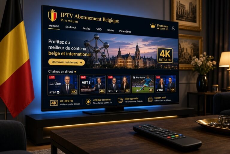 IPTV Abonnement Belgique 4K Premium sur smart TV avec chaînes belges et streaming sécurisé