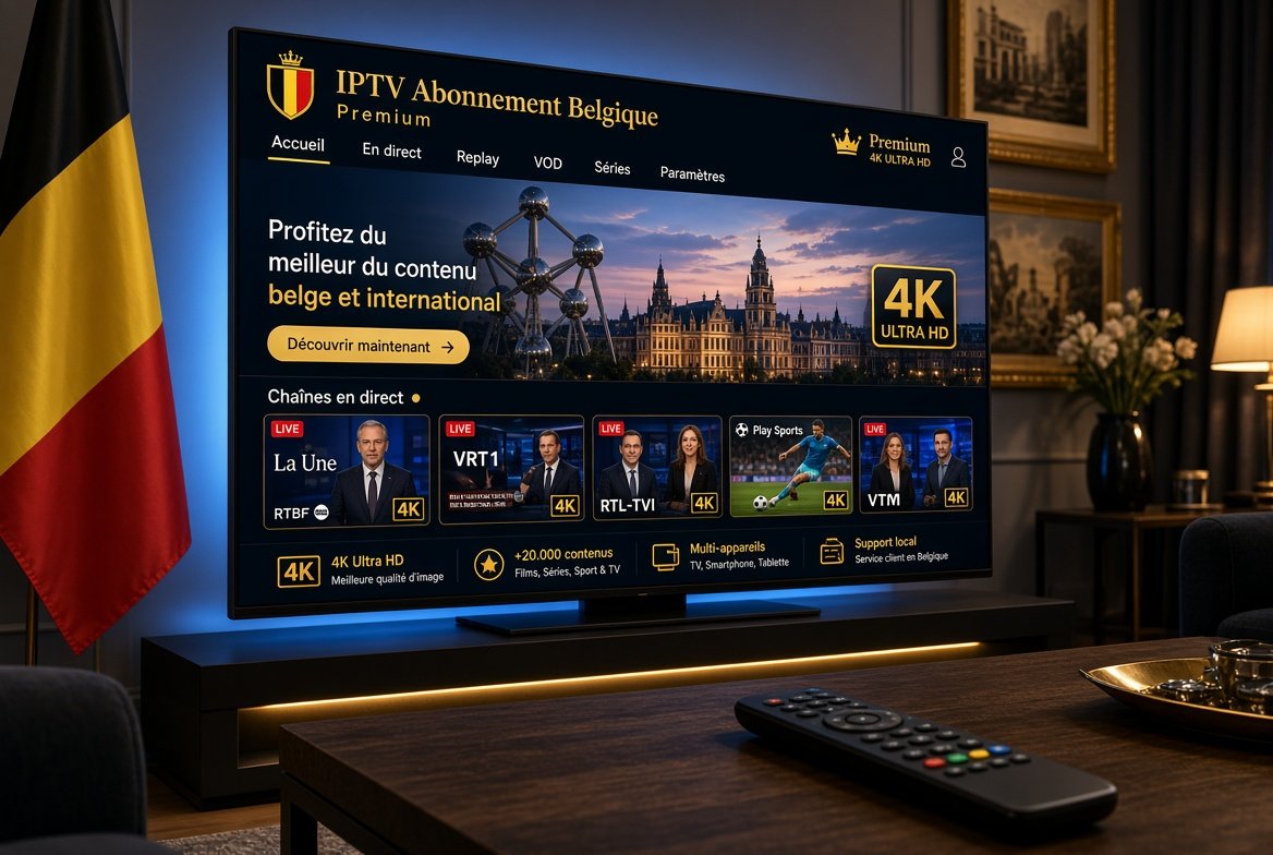 IPTV Abonnement Belgique 4K Premium sur smart TV avec chaînes belges et streaming sécurisé