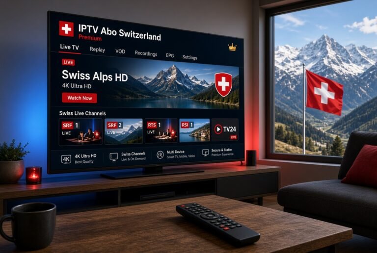 IPTV Abo Switzerland Premium 4K on smart TV with Swiss channels and mountain view
