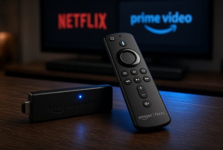 Amazon Fire TV Stick 4K Max mit Fernbedienung, Netflix- und Prime-Video-Logos auf TV-Bildschirmen im Hintergrund