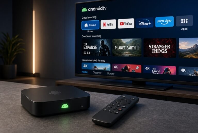 Sleek Android TV Box 4K Ultra HD Streaming-Gerät mit Fernbedienung und Android TV Startbildschirm