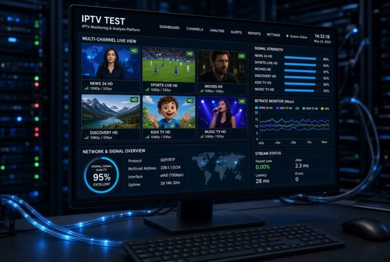 IPTV-Monitoring-Dashboard mit Multi-Channel-Live-Ansicht von HD-TV-Kanälen, Signalstärke, Bitrate-Graph und Netzwerkstatus