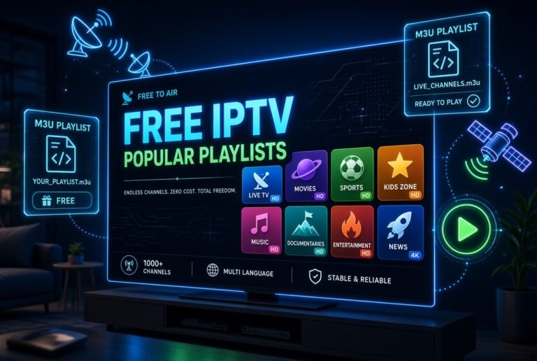 Schermo TV intelligente moderno che mostra interfaccia Free IPTV con playlist popolari M3U, canali live HD e 4K gratuiti, categorie film sport musica e news, satelliti e icone playlist digitali