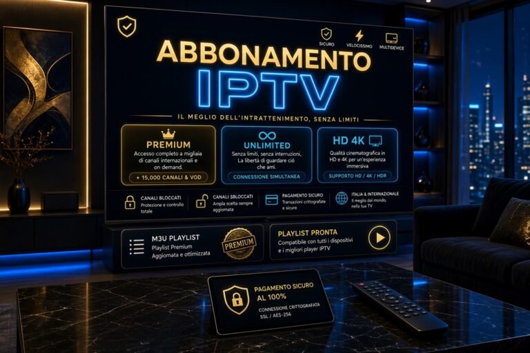 Abbonamento IPTV su smart TV con piani Premium Unlimited HD 4K e playlist M3U