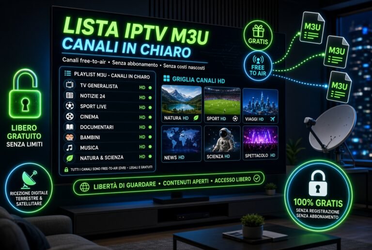 Lista IPTV M3U Canali in Chiaro gratuiti su smart TV con playlist free-to-air HD