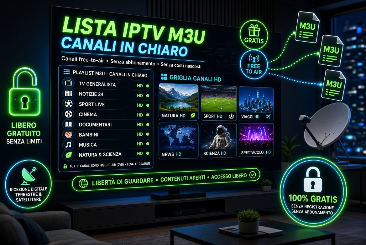 Lista IPTV M3U Canali in Chiaro gratuiti su smart TV con playlist free-to-air HD