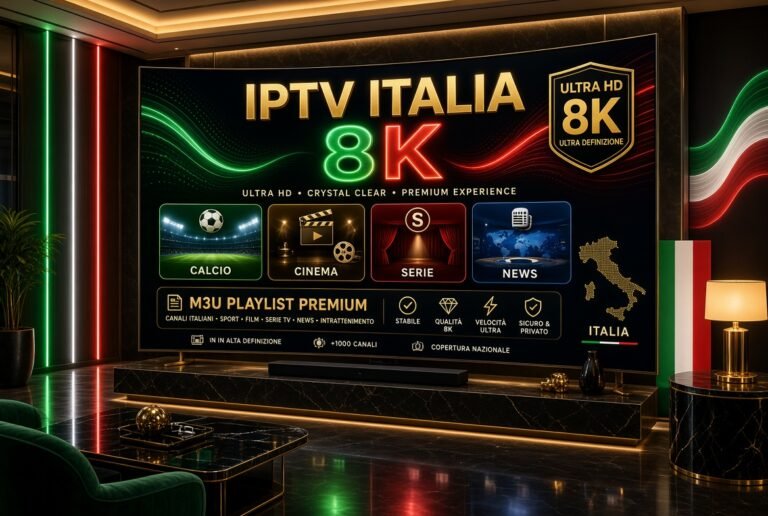 Smart TV di lusso con IPTV Italia 8K Ultra HD, canali italiani calcio cinema serie e news, playlist M3U Premium e bandiera italiana