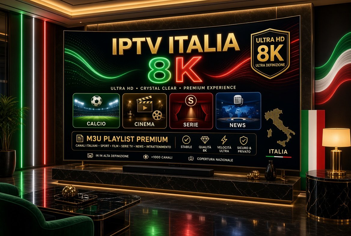 Smart TV di lusso con IPTV Italia 8K Ultra HD, canali italiani calcio cinema serie e news, playlist M3U Premium e bandiera italiana