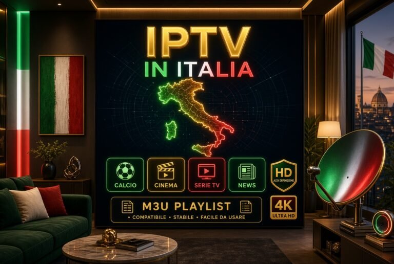 IPTV Italia 8K Ultra HD – Servizio IPTV italiano con canali Calcio, Cinema, Serie TV e News in alta definizione, mappa Italia neon, playlist M3U stabile e compatibile