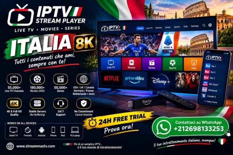 IPTV Stream Player Italia 8K con prova gratuita di 24 ore, canali TV italiani in diretta, film, serie TV e sport in streaming. Compatibile con Smart TV, Fire Stick, Android, iPhone e PC.